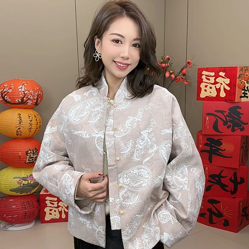 新款重工刺绣腰果花高档时尚宽松显瘦保暖立领外套女3721