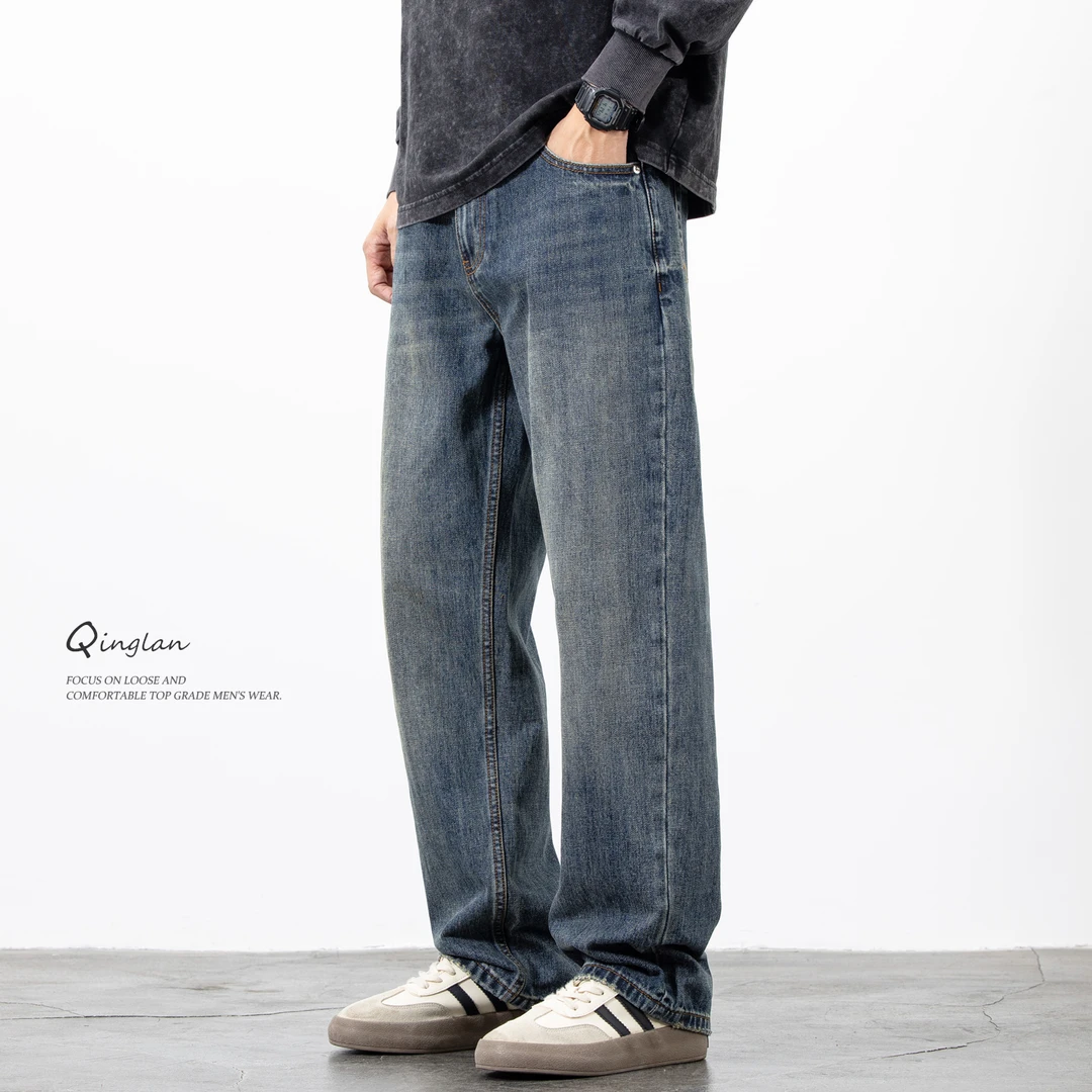 深蓝色水洗牛仔裤男直筒宽松美式复古休闲大码百搭阔腿裤子秋冬款
