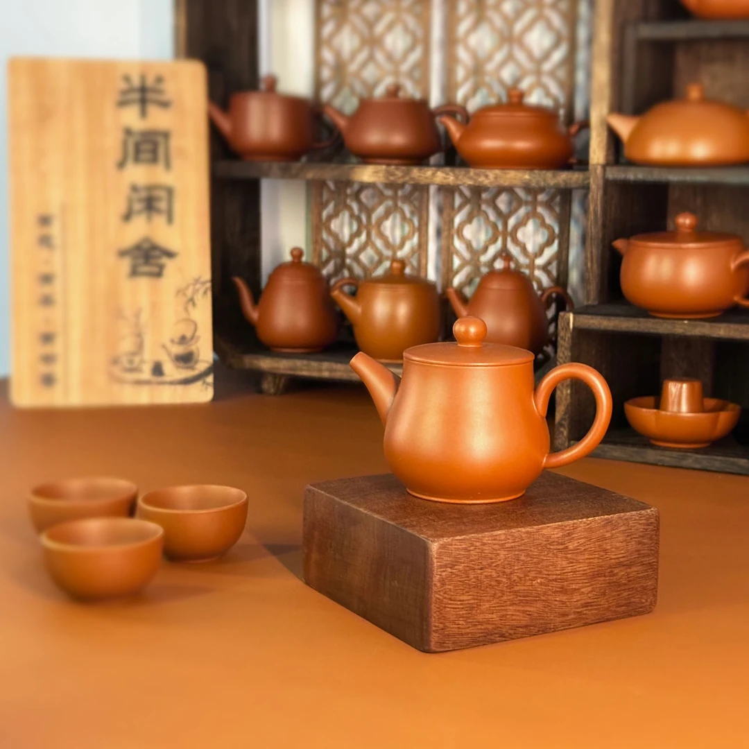 潮州手拉壶朱泥壶纯手工招阳壶140cc手拉胚成形赠送三个朱泥杯子