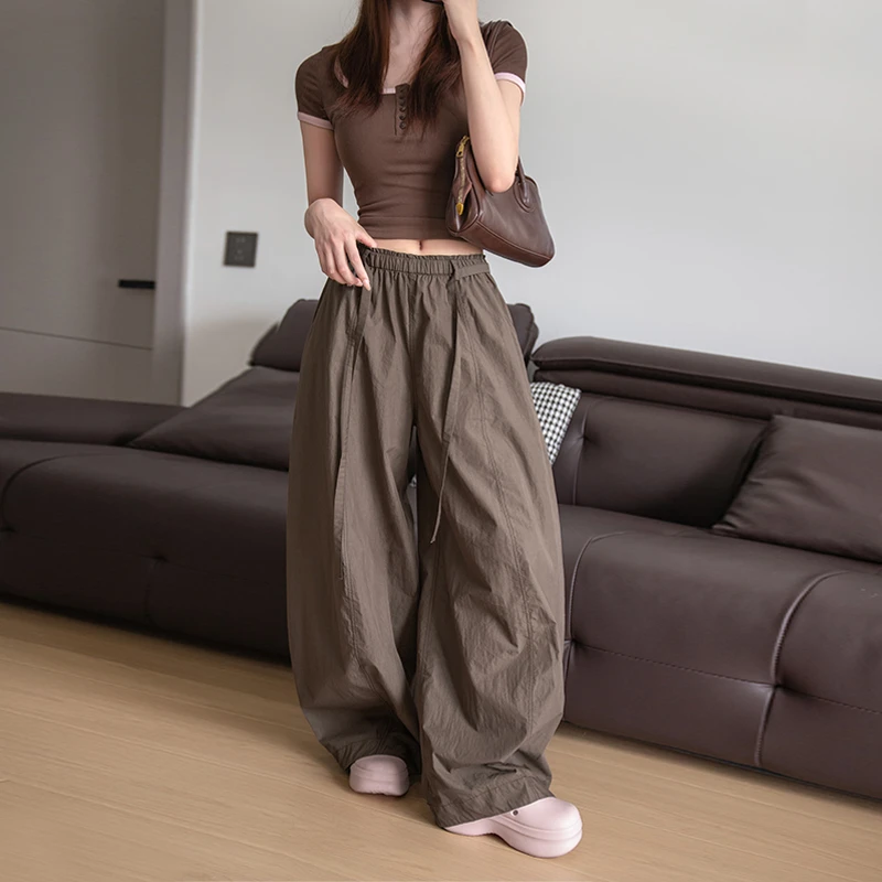 时尚休闲简约美式慵懒风亚麻褶皱阔腿裤高级垂感薄款拖地裤休闲裤
