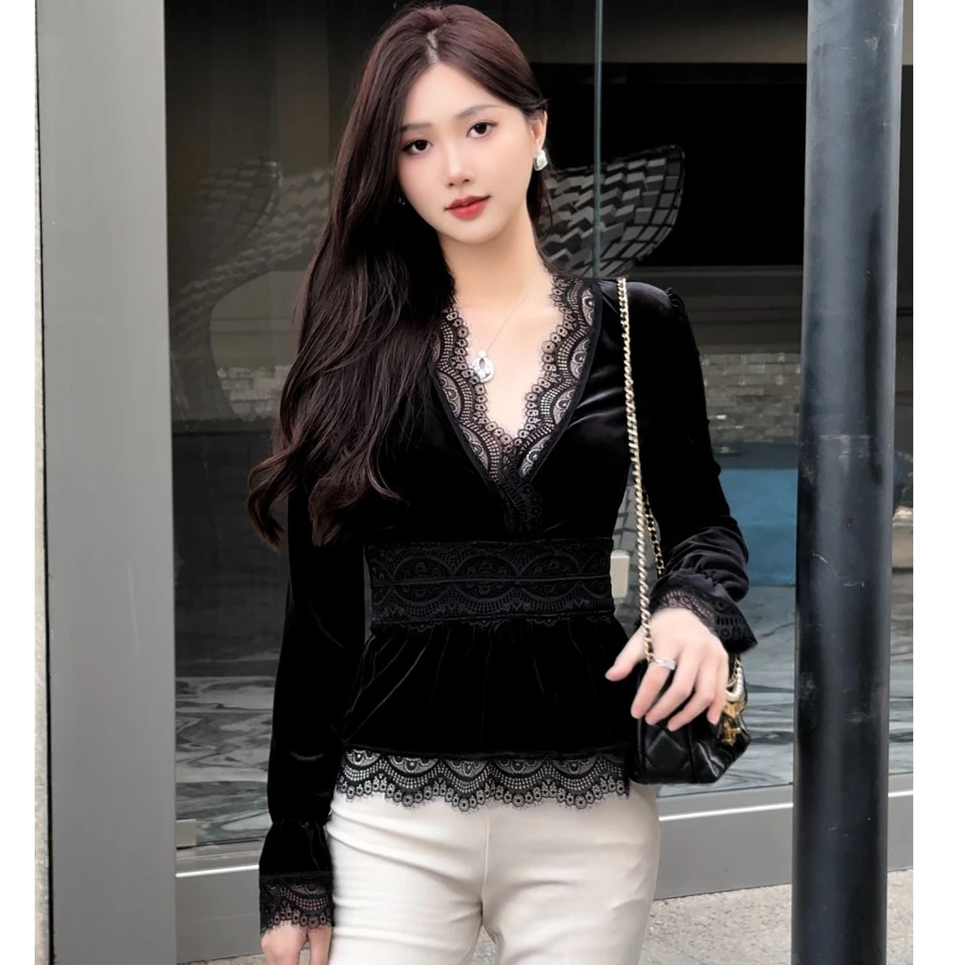【梁千万】新款法式V领纯欲风蕾丝长袖衬衫上衣-YL40043