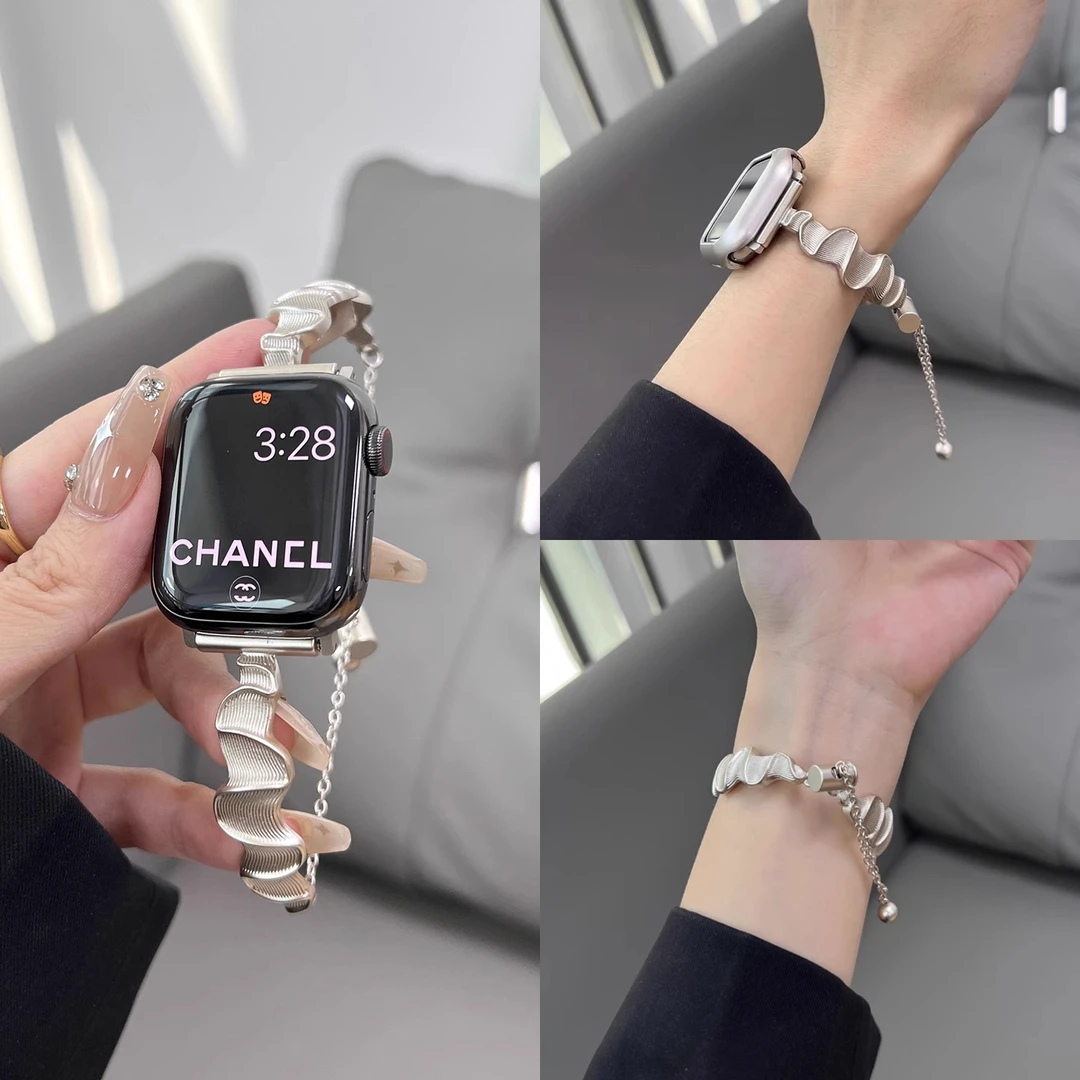 适用华为watchFIT4/4pro手表金属手镯fit3表带波浪纹不锈钢女腕带