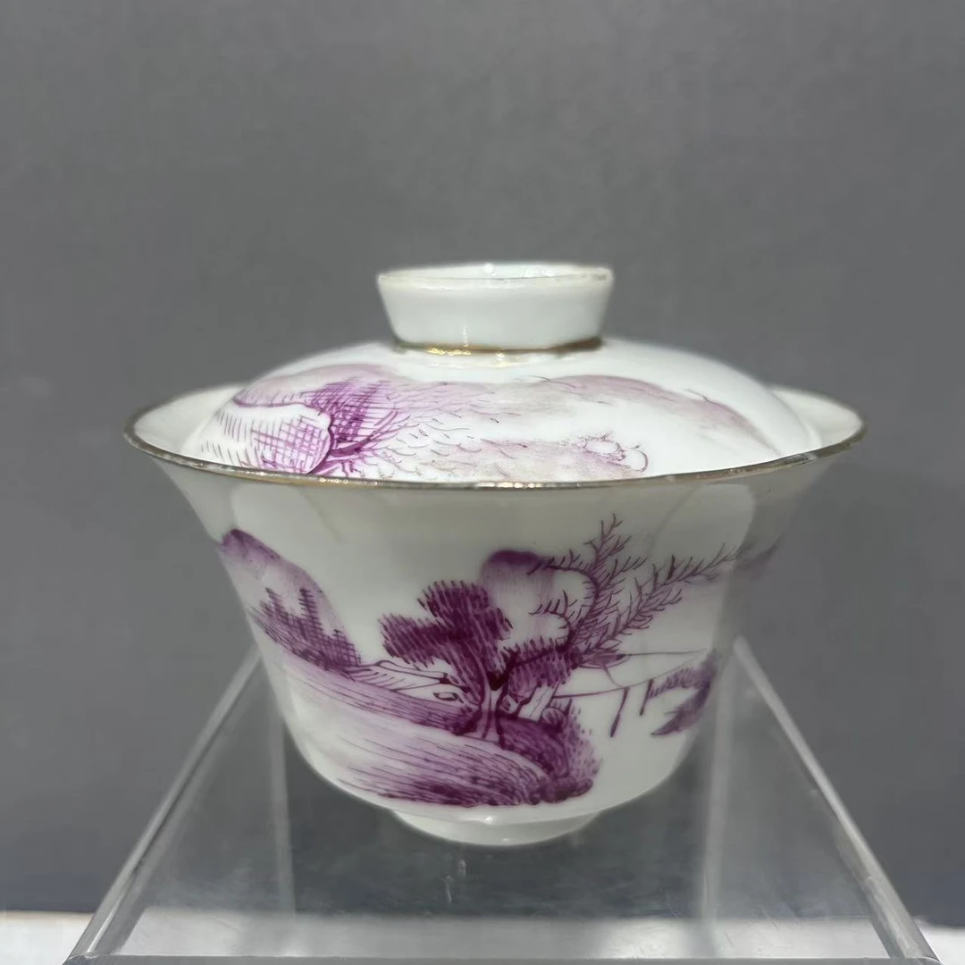 民国 胭脂红描金山水纹盖碗（口径10.7 高8.5）