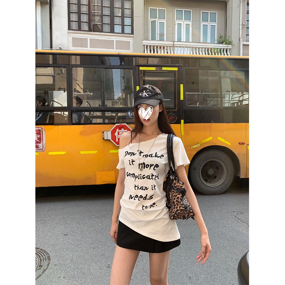 短袖t恤女2025新款爆款夏季修身辣妹显瘦白色露肩斜肩上衣21021