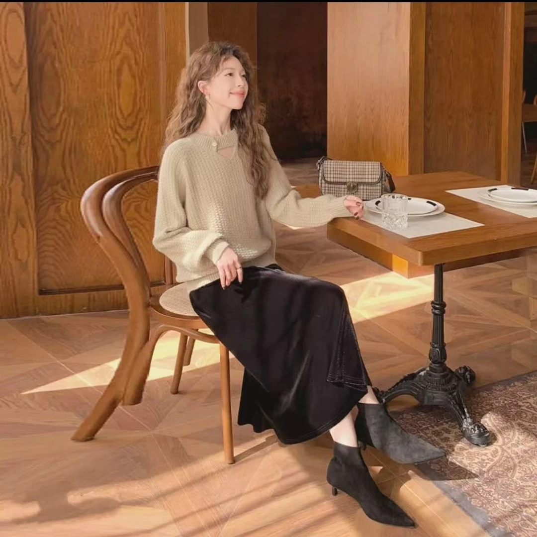 7836-温柔风套头针织上衣（杏色）