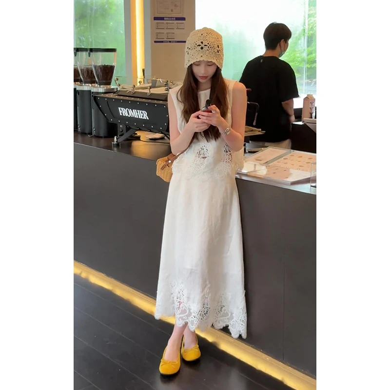 2025夏季新款女法式设计感蕾丝圆领无袖上衣气质高腰显瘦半身裙