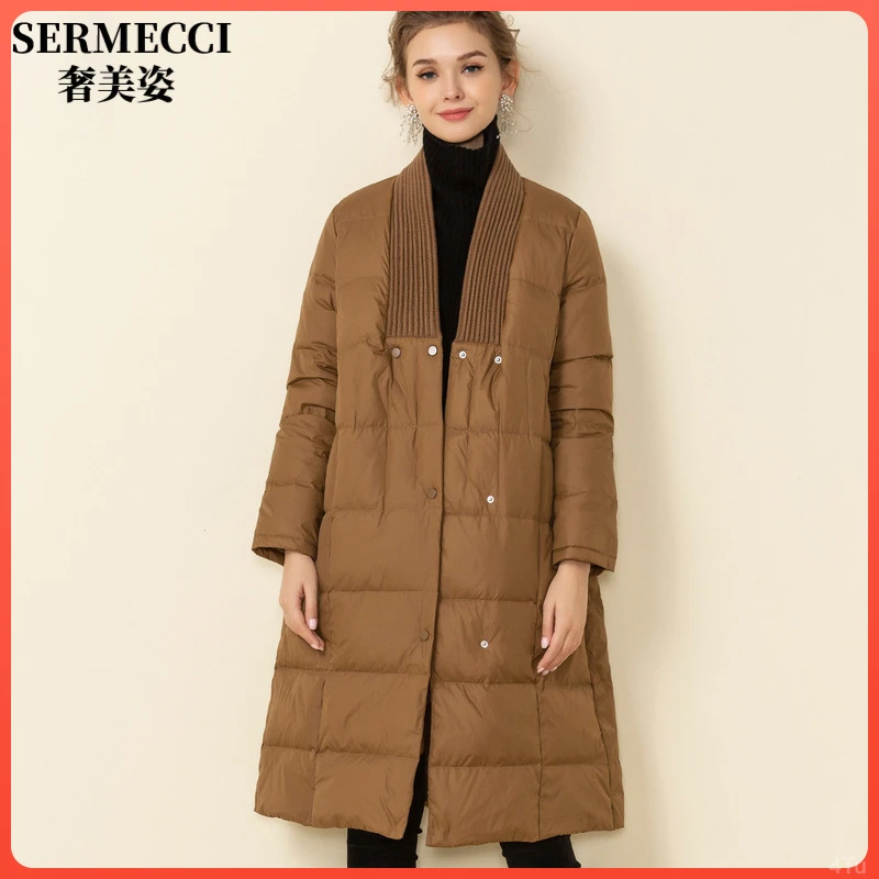 奢美姿高端轻奢简约宽松女优雅休闲V领轻奢长款羽绒服秋冬外套女