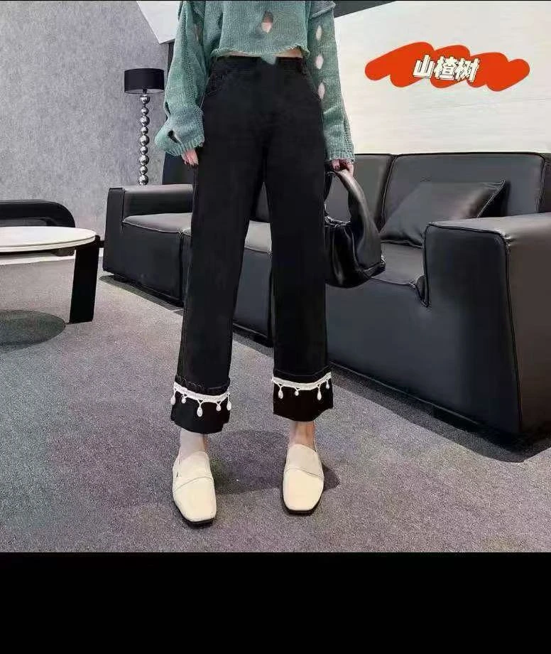 8072..新款蕾丝珍珠翻边裤