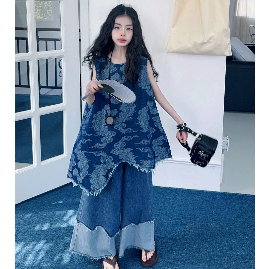 女童新中式套装夏季2025新款中大童无袖裙牛仔裤两件套国潮风穿搭