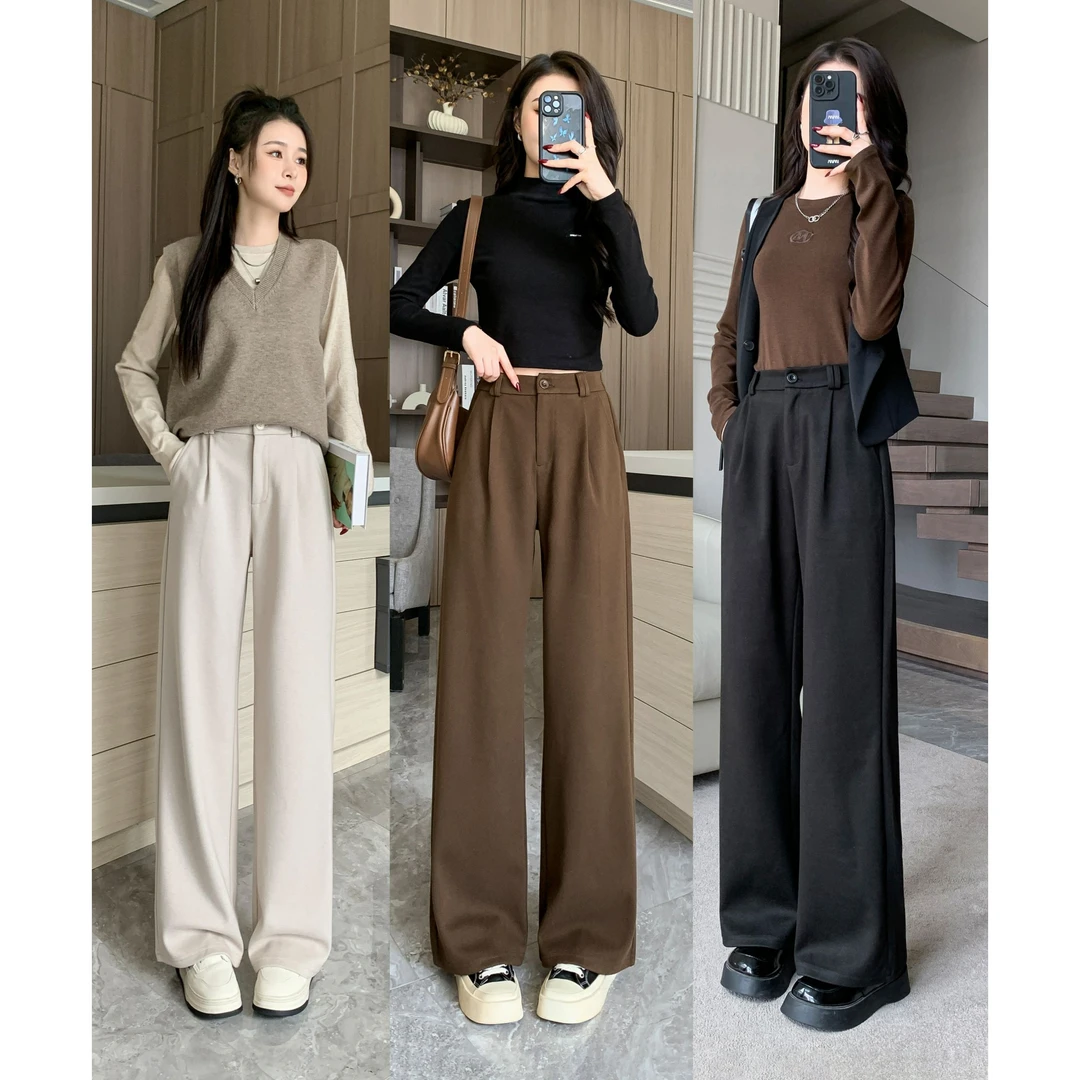 小个子网红秋冬季显瘦高腰直筒百搭休闲裤子拖地裤