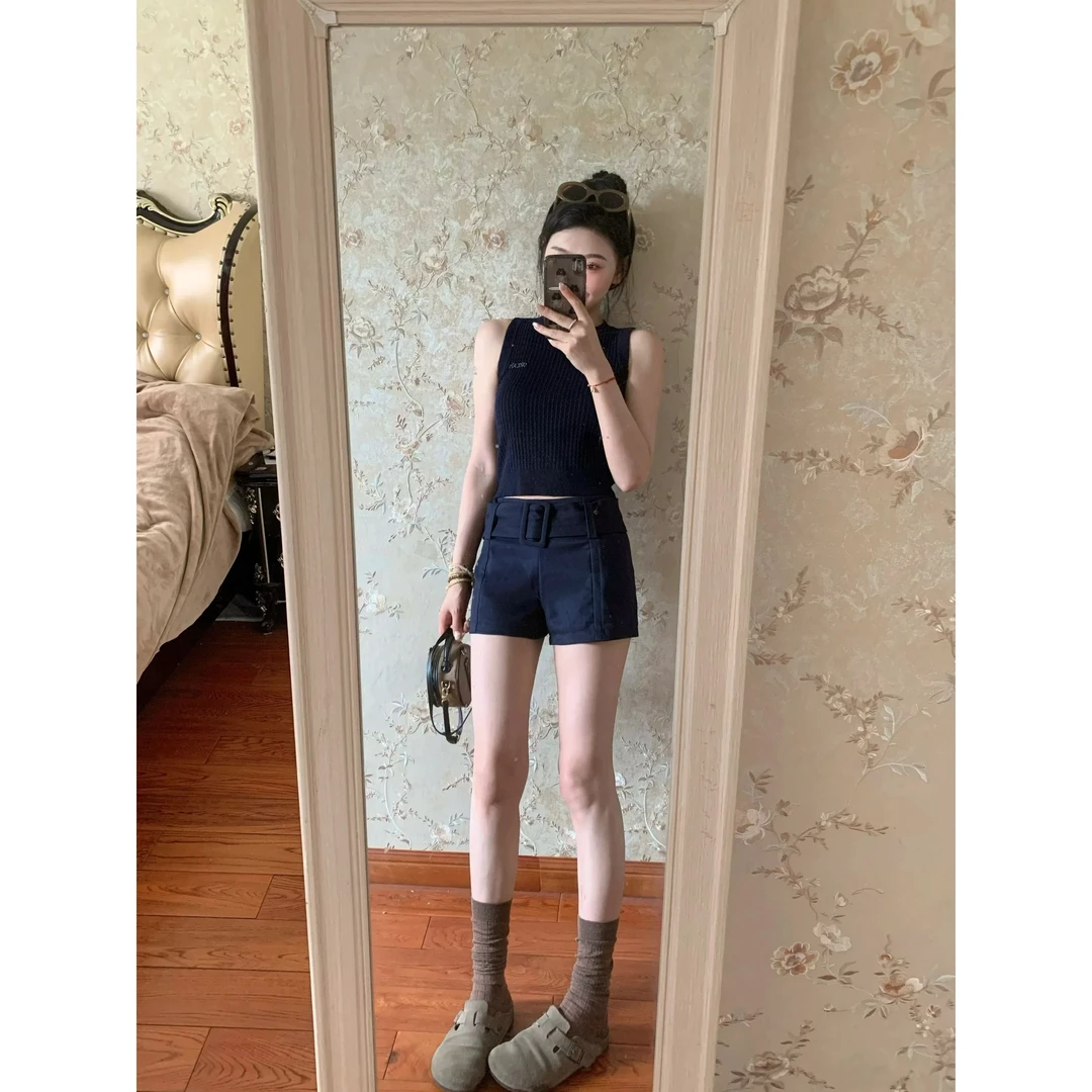 【夏日密码】藏青色无袖针织背心女设计感短裤外穿休闲运动显瘦套装