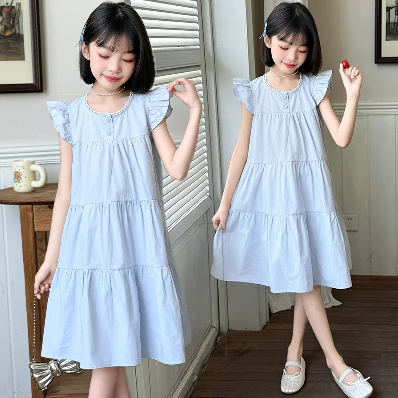 2025女童时尚洋气小飞袖连衣裙夏日中大童韩版宽松甜美气质显瘦