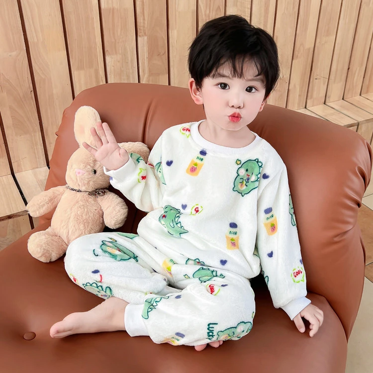卡通恐龙儿童睡衣套装珊瑚绒秋冬季保暖毛茸茸宝宝男童家居服分体