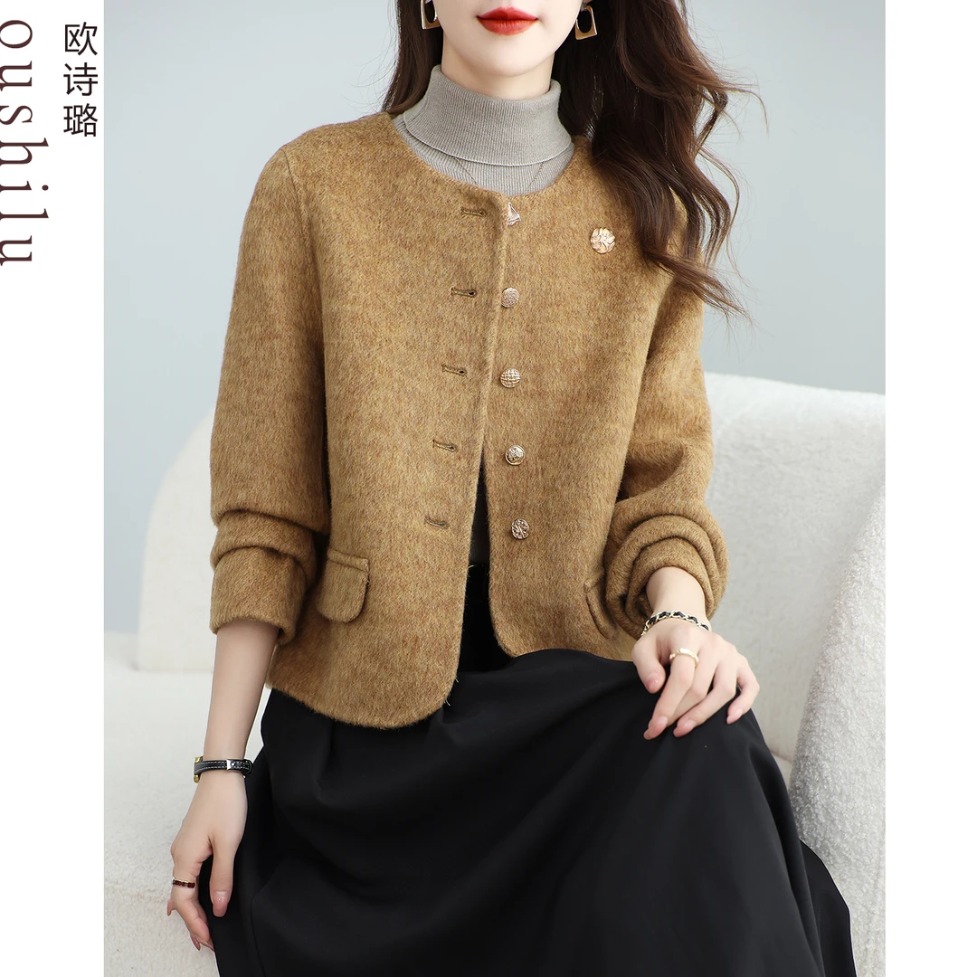 韩版2025新款双面呢羊毛大衣女短款小个子圆领百搭赫本风黑色大衣