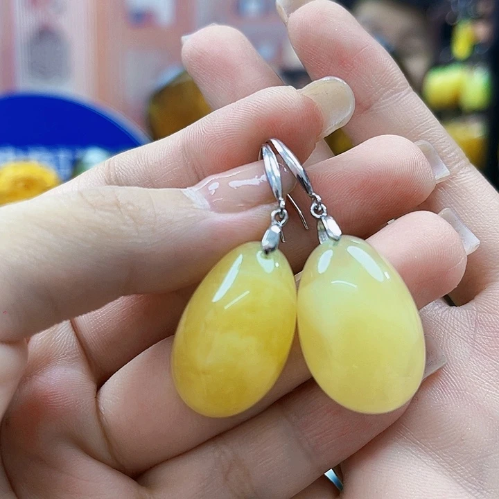 蜜蜡银S925镶嵌裸石耳环