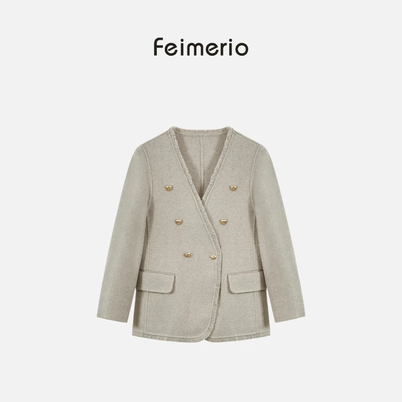 【LAOYUGAODING】双面毛呢大衣V领双排扣毛边小香款869