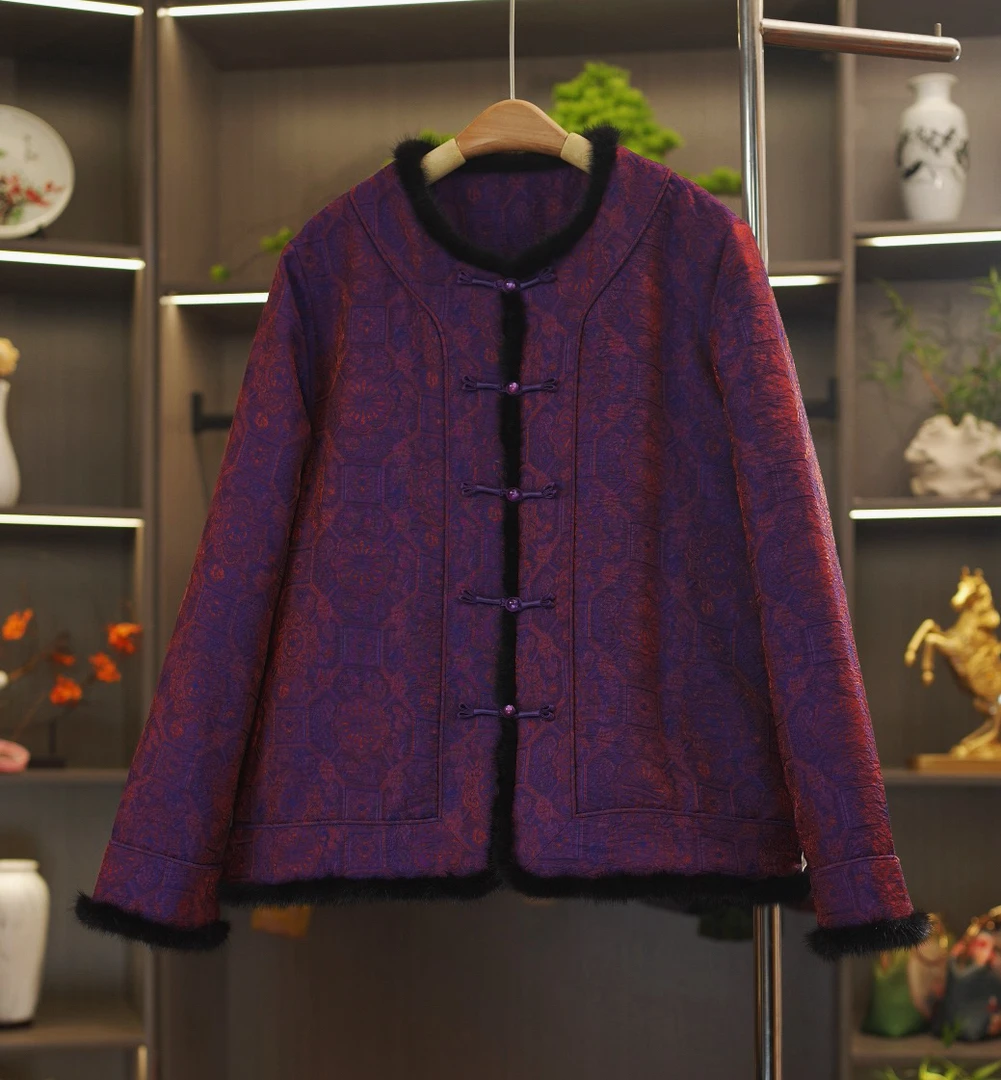 【紫金八达】2025桑蚕丝浮光锦拼接水貂毛新中式高级定制棉衣