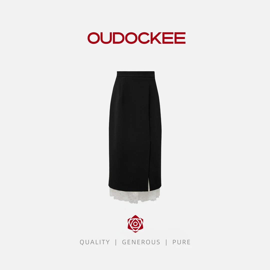 OUDOCKEE 鸥鸥【洛丽塔】黑色半身裙拼接蕾丝高腰裙 B2501F108T
