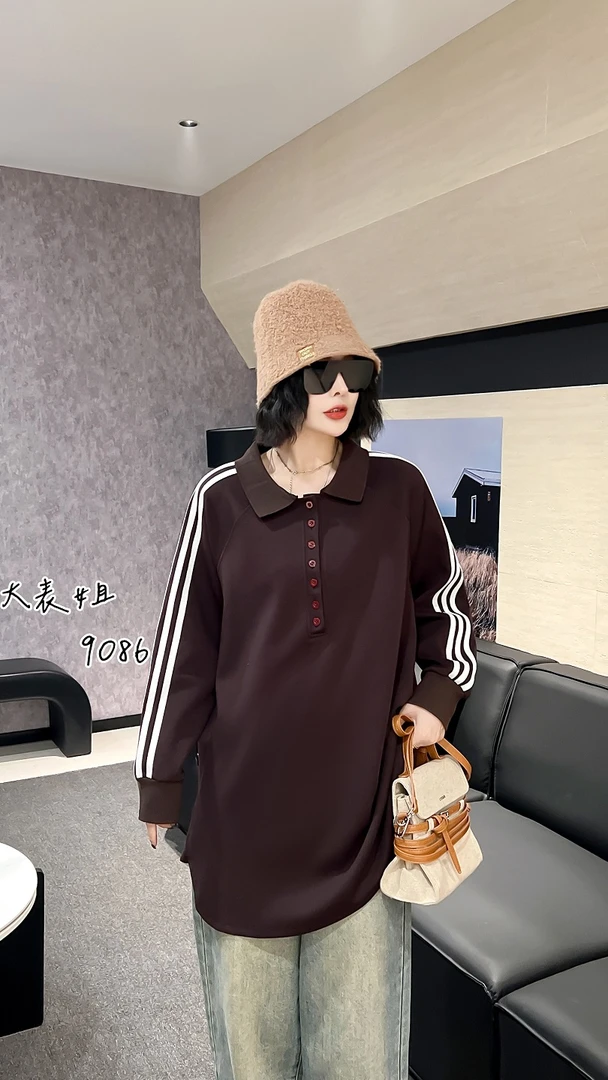 9086欧货加大码秋季新款拼接三条杠polo领卫衣女时尚宽松长袖上衣