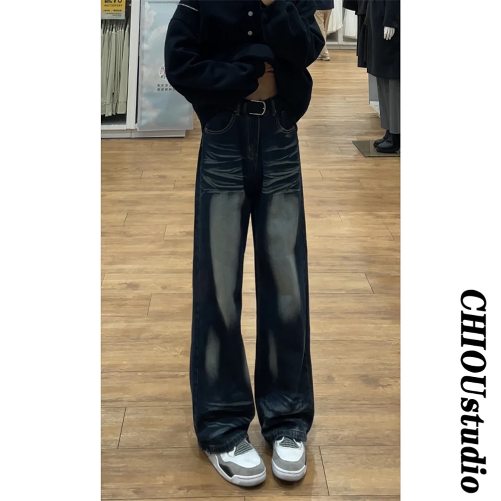 美式复古蓝色水洗做旧猫须直筒牛仔裤男女宽松百搭高级感拖地长裤