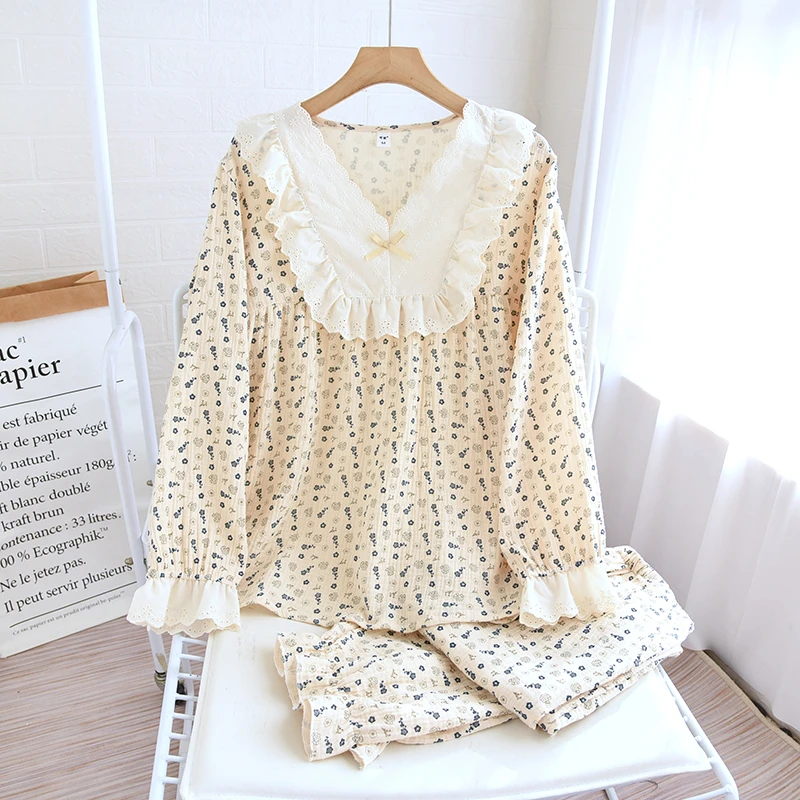 睡衣女冬季套装套头款春秋季薄款韩系低调宽松小碎花纯棉家居服