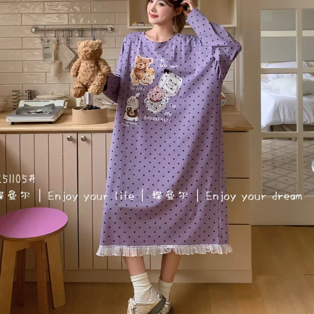秋款新品加大版长袖家居服睡衣休闲宽松印花圆领卡