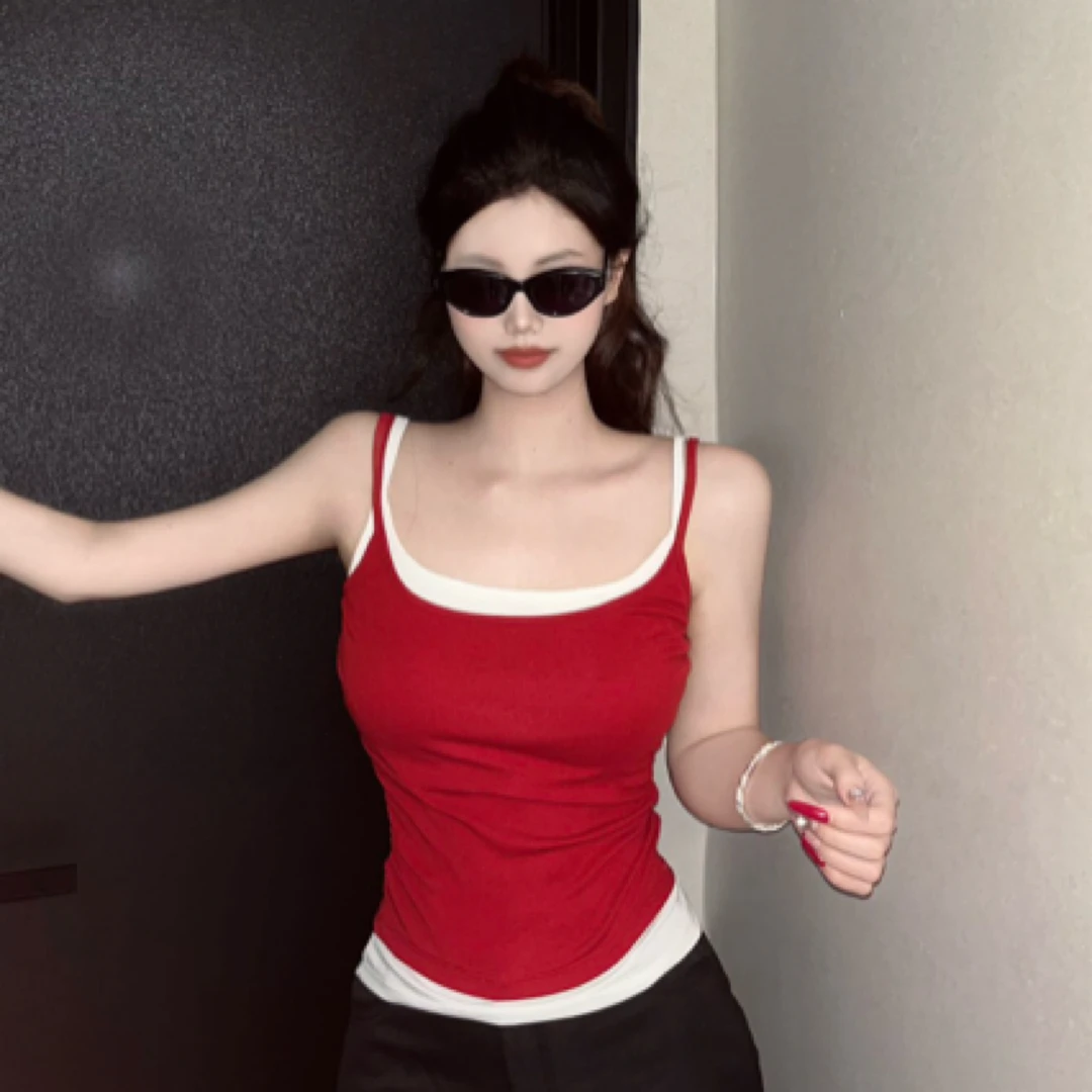 纯欲撞色拼接假两件自带胸垫韩系甜辣小吊带女内搭上衣设计感背心