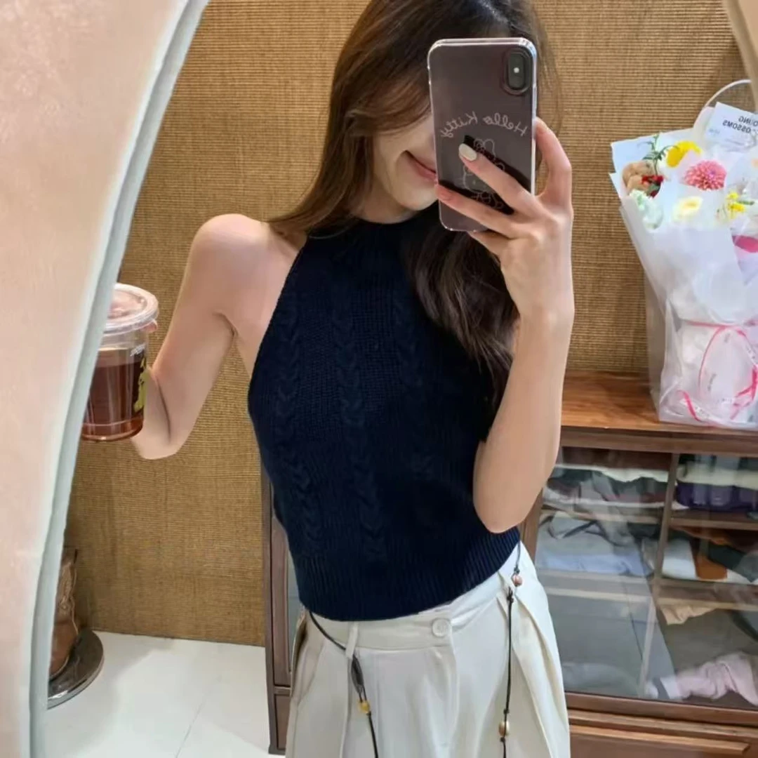 W4521 简约纯色圆领挂脖无袖针织衫毛衣上衣洋气麻花显瘦吊带背心