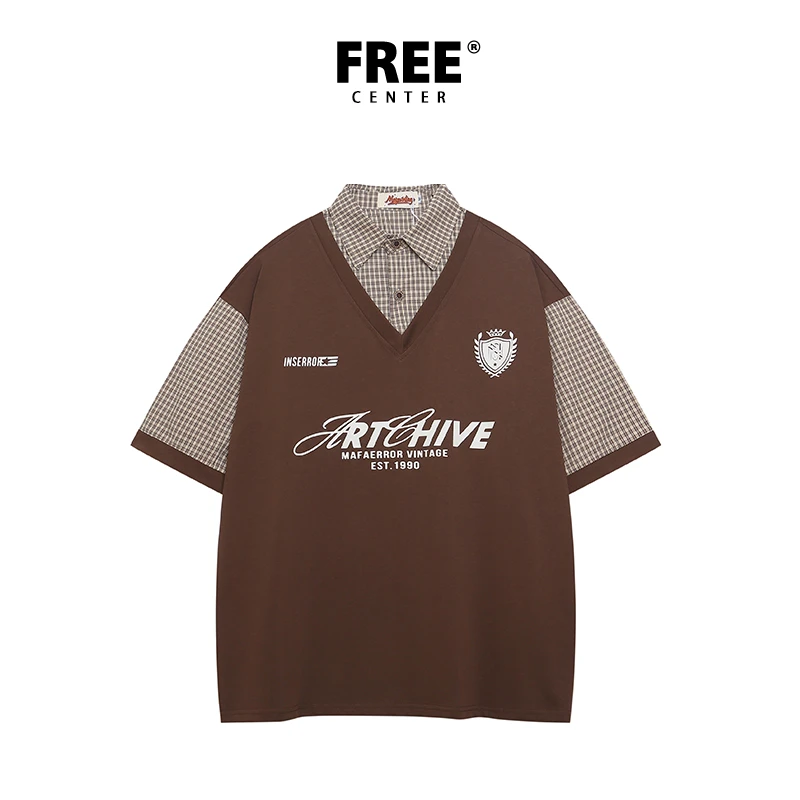 Free Center美式复古拼接假两件polo衫男女短袖T恤学院风宽松上衣