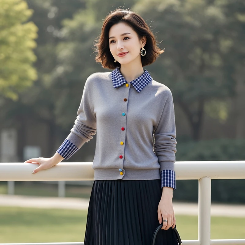 YH#假两件彩扣POLO领针织开衫女外套毛衣宽松显瘦设计感DY12821A