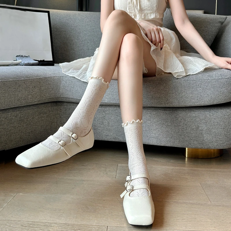 袜子女夏季薄款中筒袜芭蕾风白色花边女款女生miu系夏天长袜棉袜