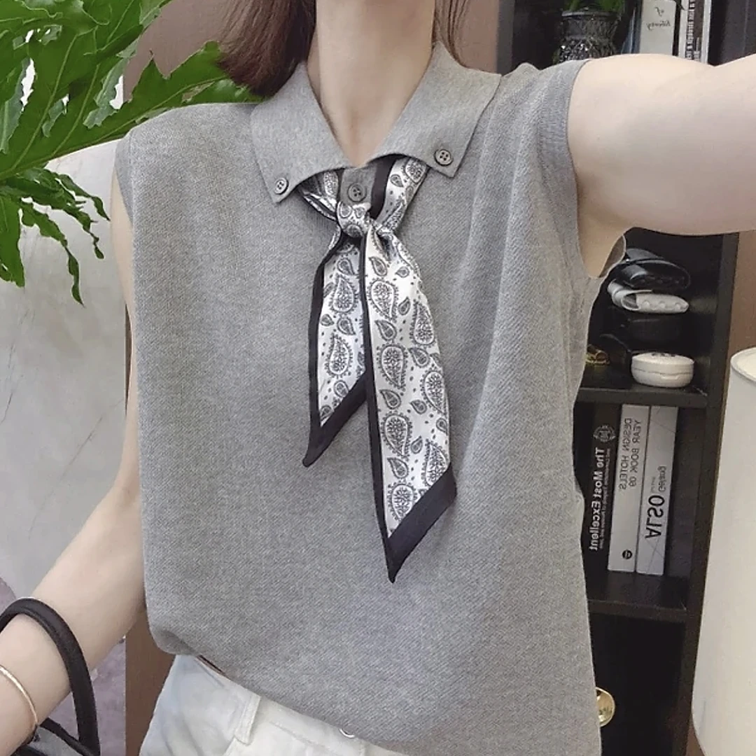 带丝巾针织衫女2025夏季新款时尚无袖小翻领洋气高级打底衫上衣潮