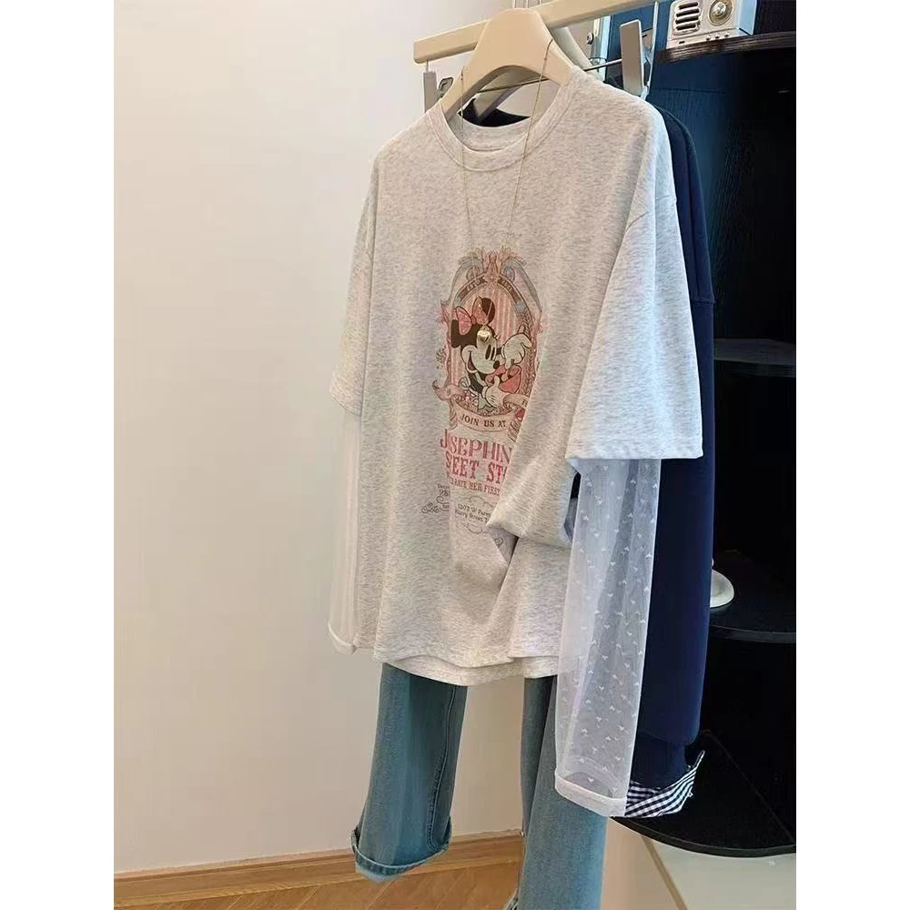 特大码300斤蕾丝网纱拼接长袖t恤女2025新款韩系假两件防晒上衣夏