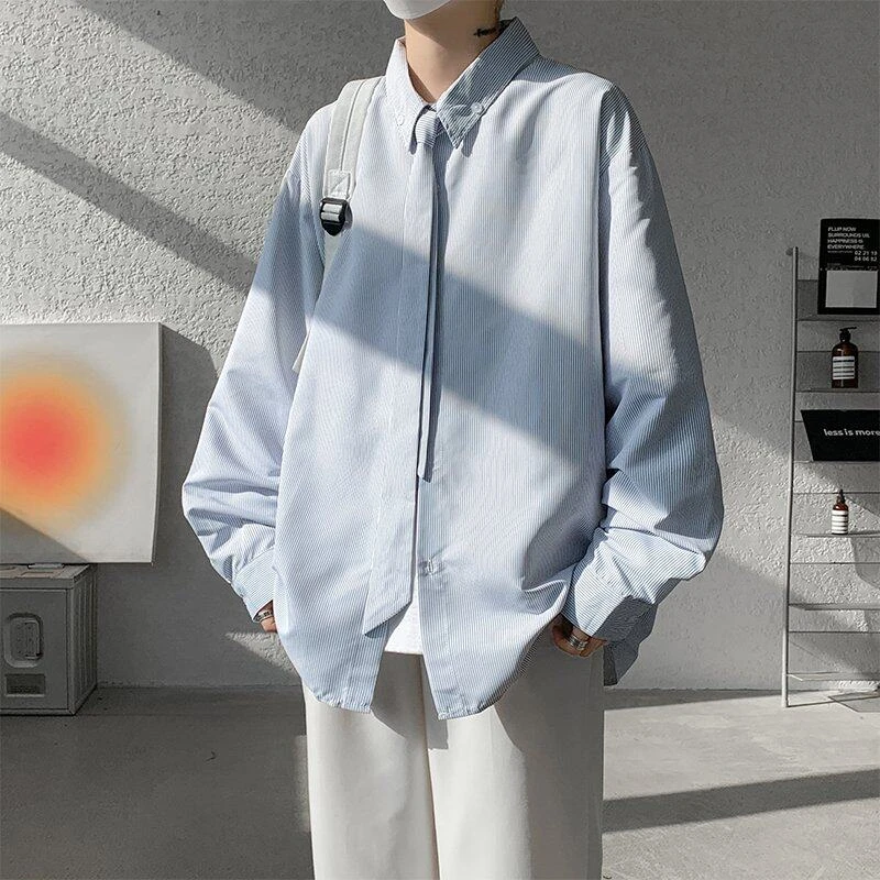 日系蓝色条纹长袖衬衫男士春衬衣宽松潮牌高级感痞帅休闲百搭外套