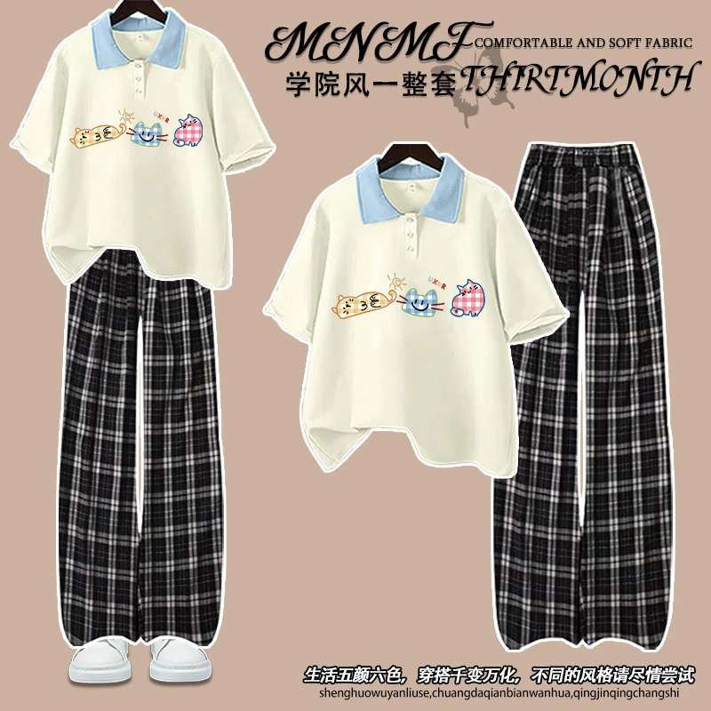 女童韩版学院风polo短袖T恤休闲格子裤套装卡通简约风学生两件套