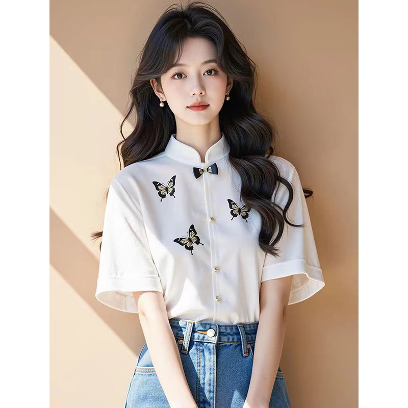 新中式国风装白色立领蝴蝶印花衬衫女轻奢高级感上衣独特绝美短袖