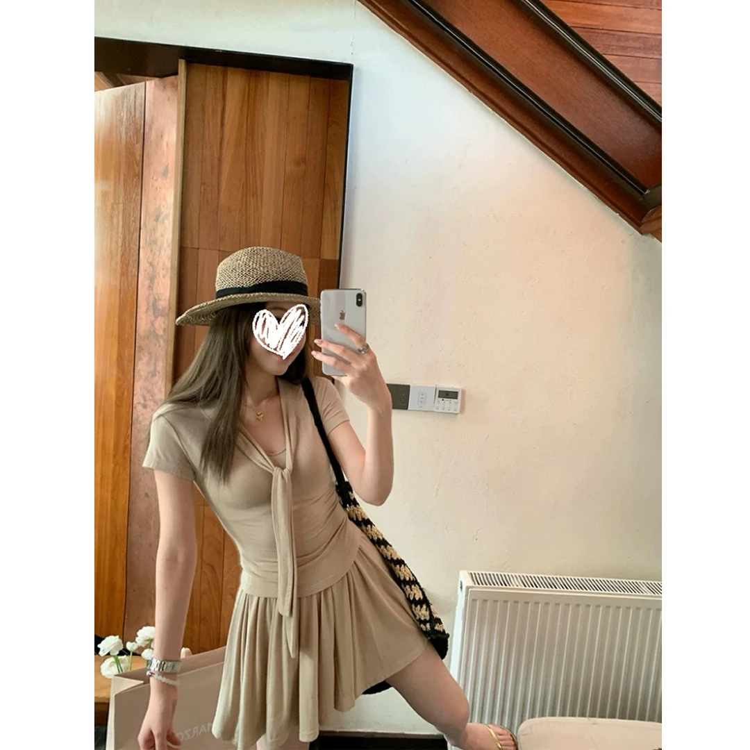 超柔裸肤感系带针织短袖T恤百褶半身裤裙减龄时尚套装#9189