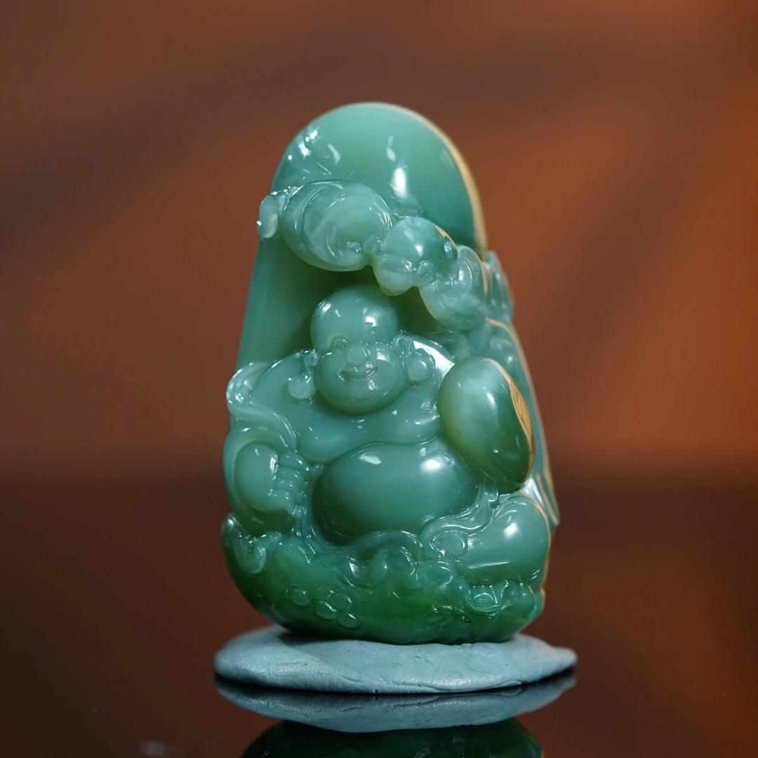 和田玉俄碧粉青弥勒佛手把件 81.9g L251108039 A