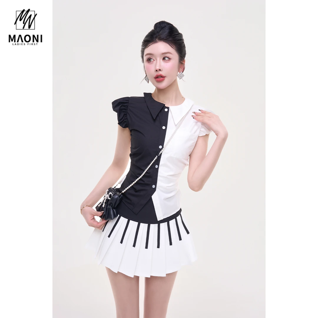 毛妮Peshe【昼夜协奏曲】飞飞袖衬衫撞色设计感收腰单排扣夏L1633