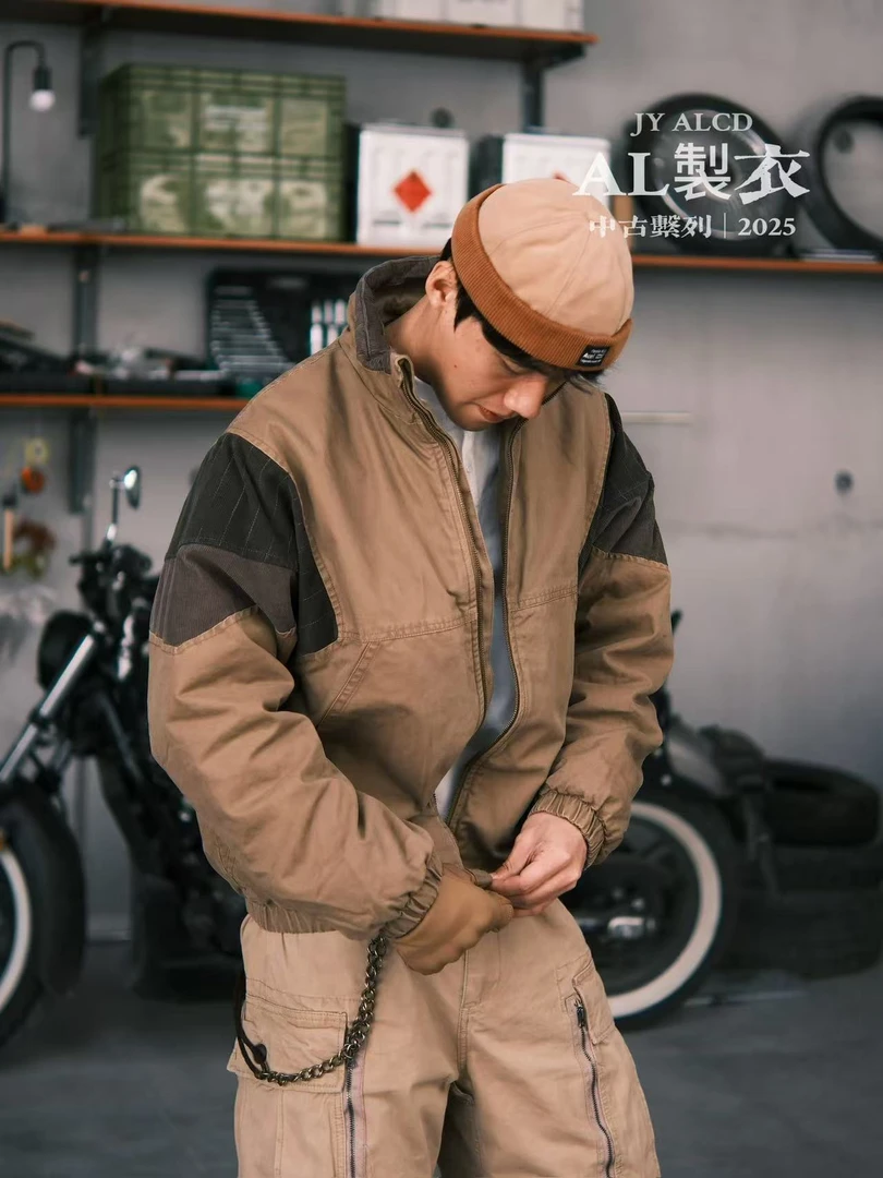 啊亮製衣- 25ss小众自制复古做旧工装灯芯绒拼接立领休闲百搭棉服