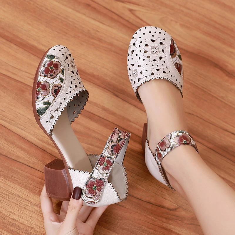 【源头工厂】明星同款百搭鞋子妈妈凉鞋粗跟复古民族风软皮包凉鞋