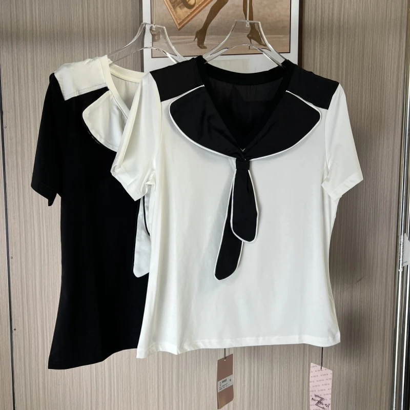 8082撤柜az夏季海军修身套头纯色短袖上衣T恤撞色拼接披肩学院
