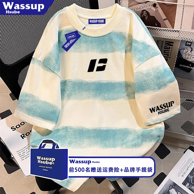 WASSUP HSUBE国潮牌复古蜡染条纹短袖T恤男夏节字母印花宽松上衣