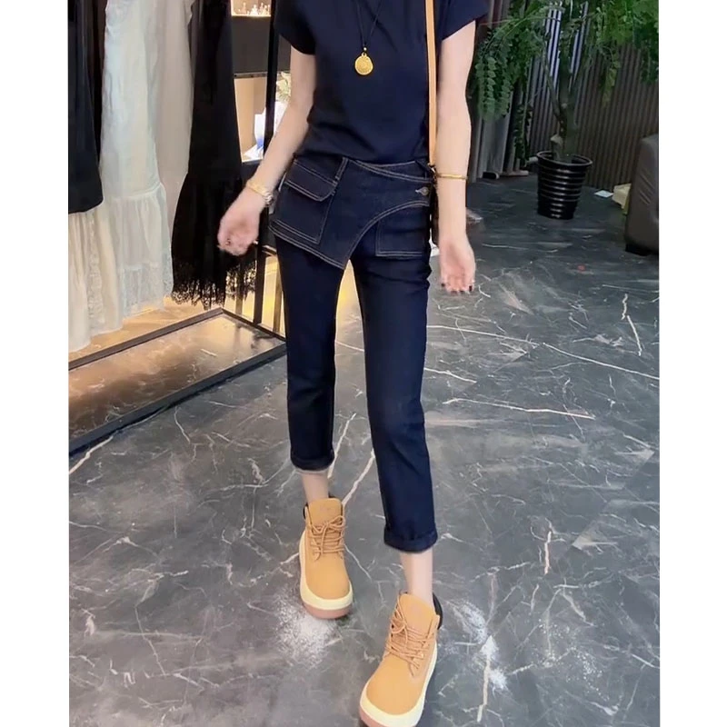 秋季弹力直筒牛仔裤2025秋季新款修身显瘦八分设计感百搭烟管裤
