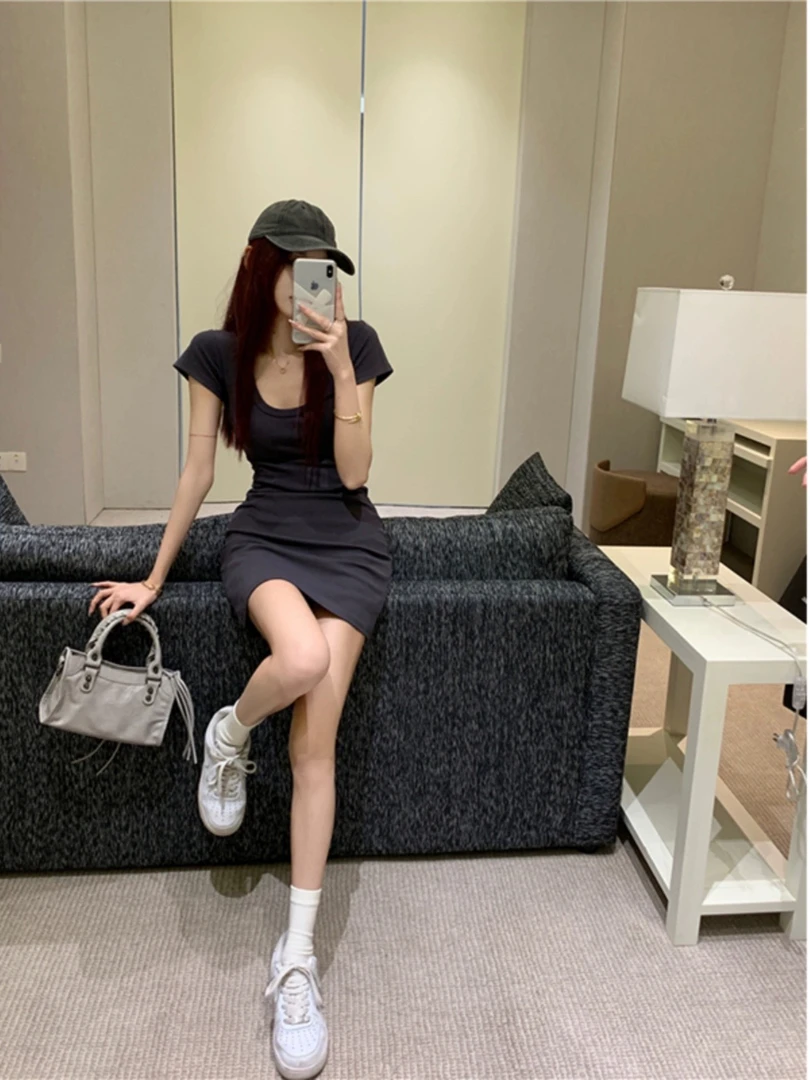 性感弹力连衣裙女夏季U领短袖紧身T恤裙修身显瘦包臀短裙收腰