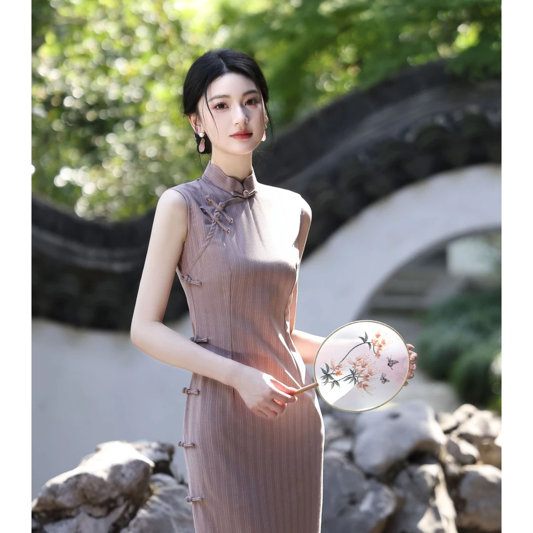 《东方韵》粉色条纹旗袍新中式长款无袖收腰显瘦气质修身旗袍夏6259