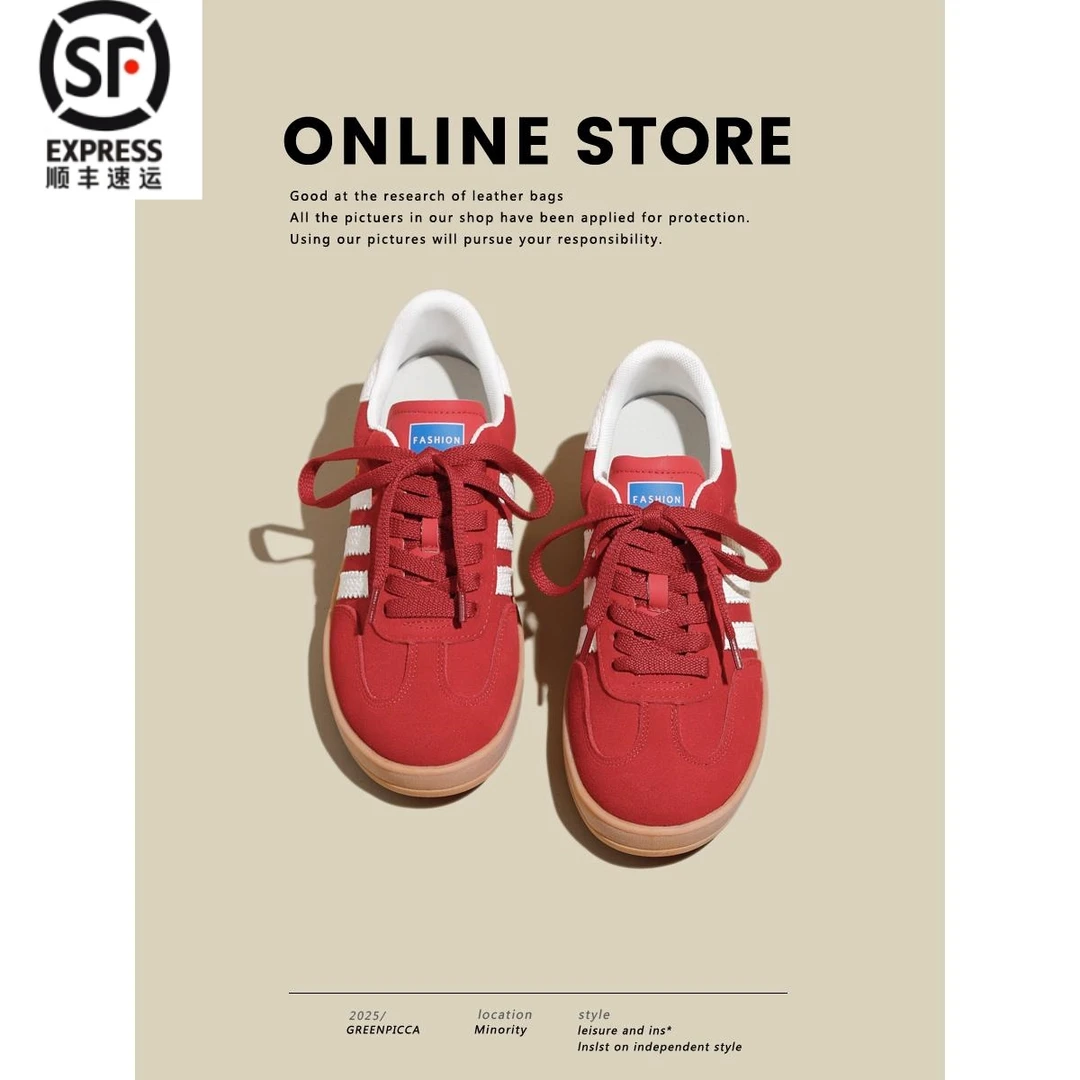 牛皮！红色内增高德训鞋女款2025新款真皮休闲运动大红色德训鞋