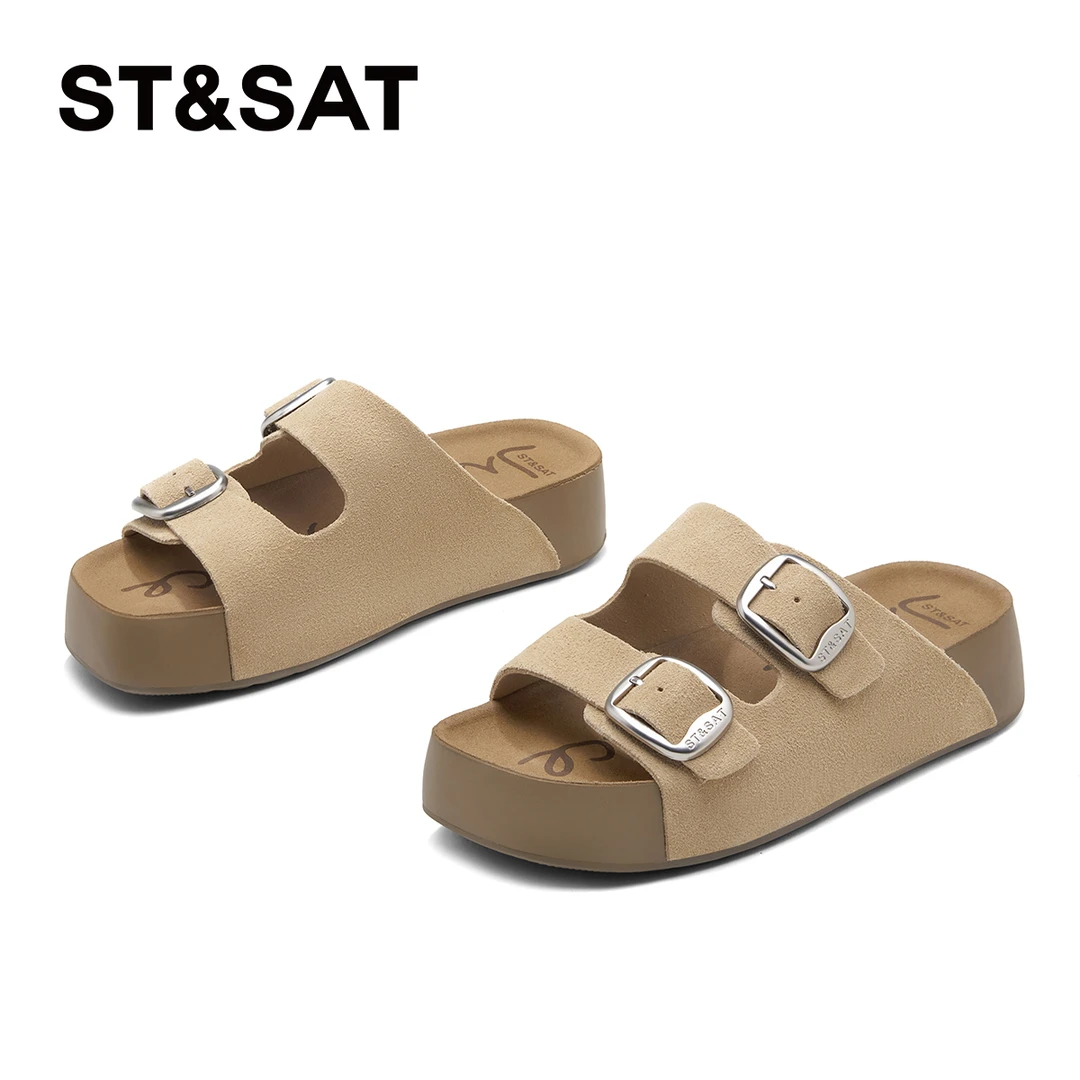 软底露趾夏季新款外穿双扣带懒人脚蹬勃肯拖鞋女