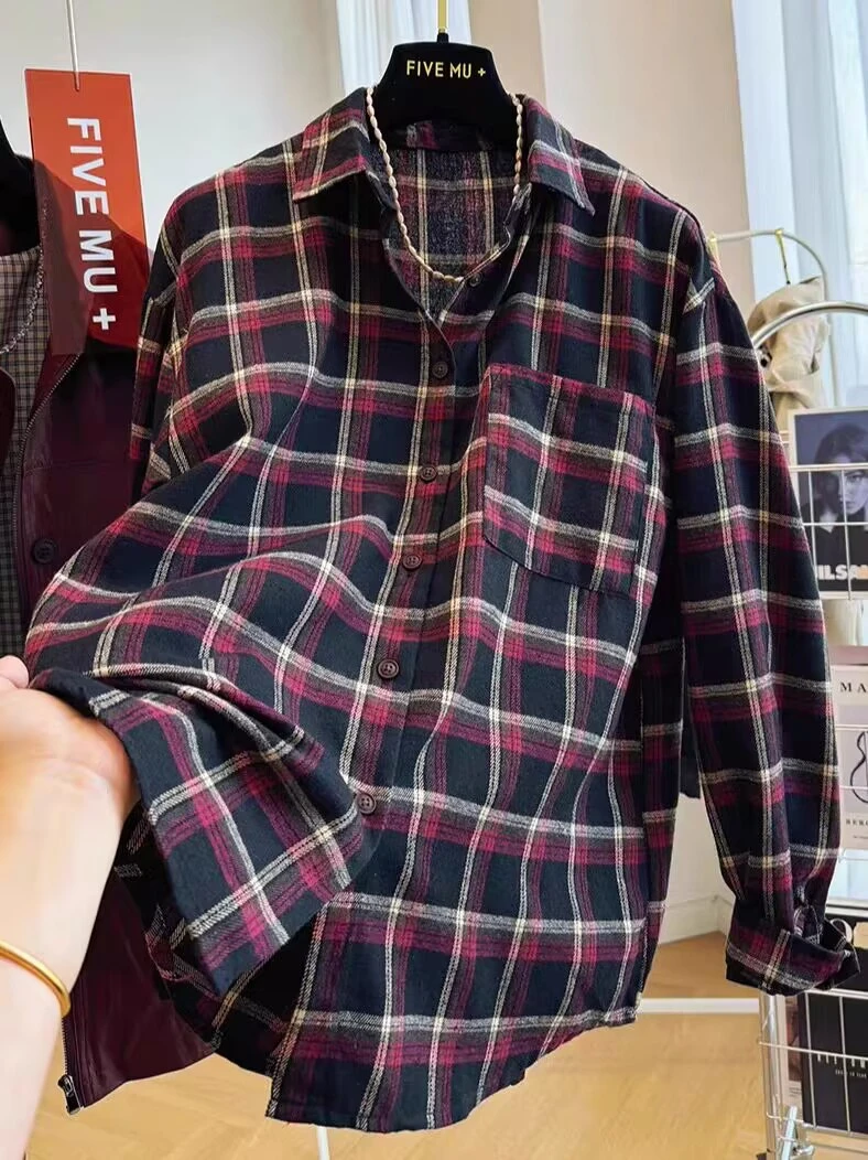 复古韩系格子长袖衬衫女春秋装时尚新款洋气叠穿宽松休闲外套上衣