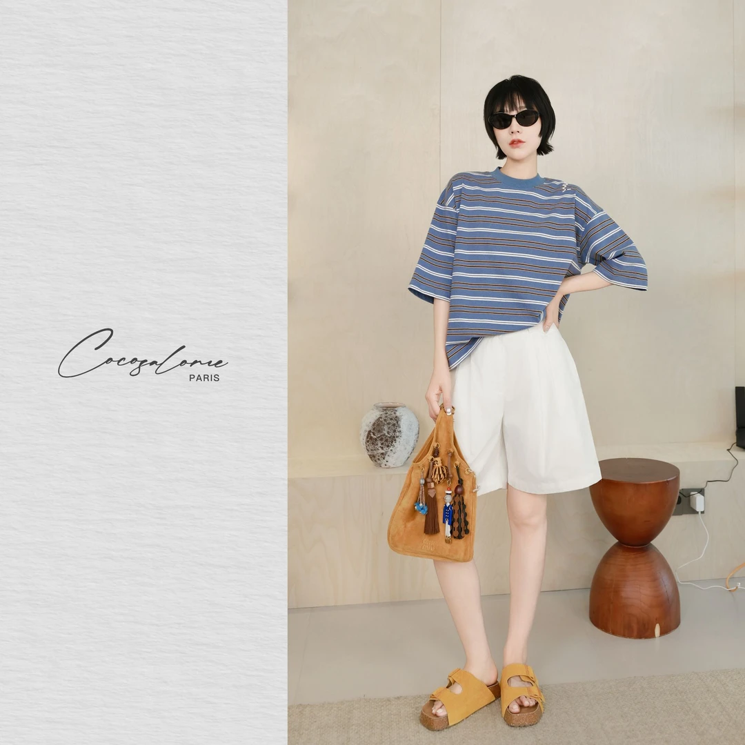 韩彬彬"彩条"夏季纯棉条纹显瘦通勤穿搭吸汗减龄百搭短袖983Y-2